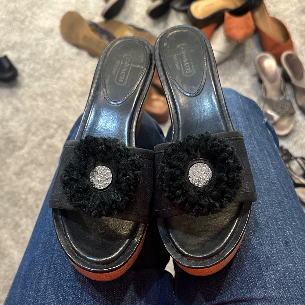 Cleaning out my closet. Coach Jazmin Black Wedge Sandals with Cork Heel. - Picture 3 of 6
